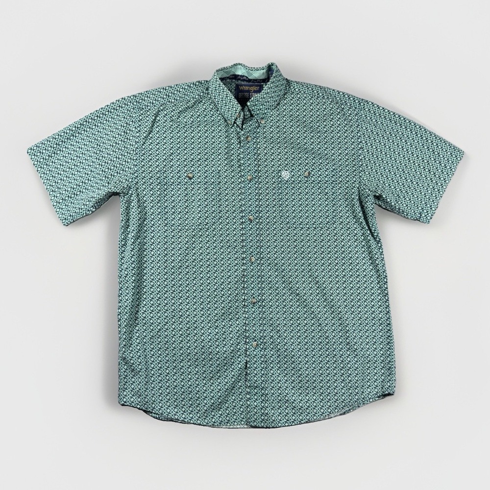 Wrangler George Strait Shirt Mens L Aqua Navy Geometric Short Sleeve Button Up